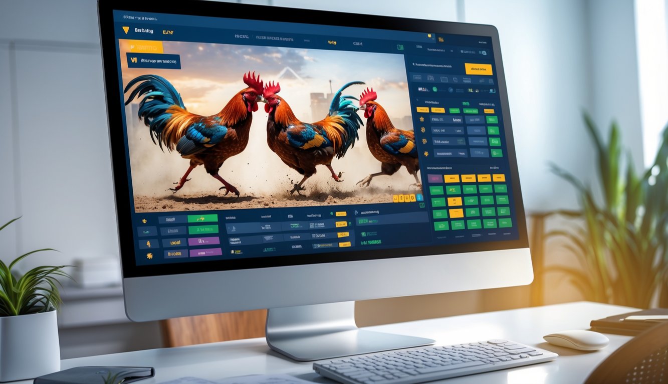 Tampilan layar komputer yang menampilkan siaran langsung pertandingan sabung ayam dengan antarmuka taruhan online yang modern dan lengkap.