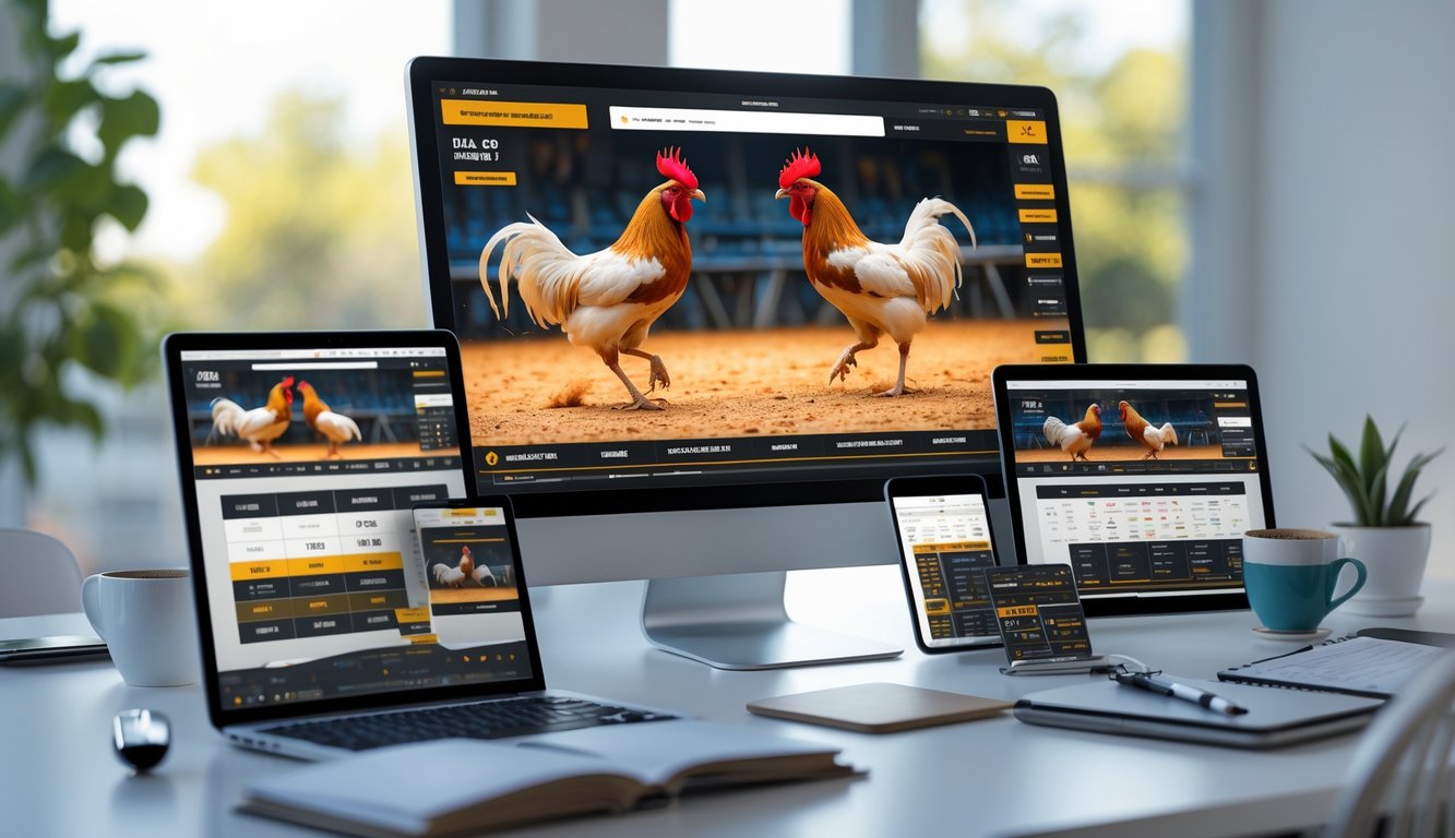 Sebuah ruang kerja dengan monitor menampilkan siaran langsung pertandingan sabung ayam dan beberapa perangkat digital yang menunjukkan informasi taruhan.