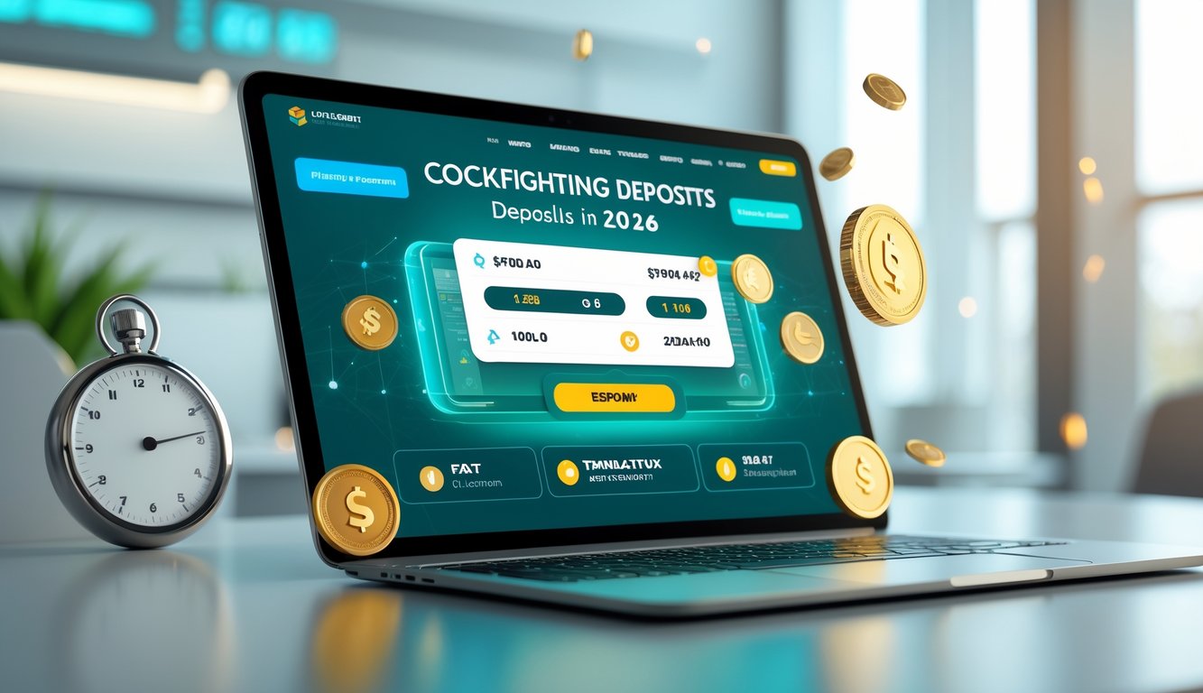 Sebuah laptop atau ponsel pintar dengan layar menampilkan antarmuka taruhan online, dikelilingi oleh simbol koin digital dan jam, di atas meja kerja modern dengan pencahayaan lembut.