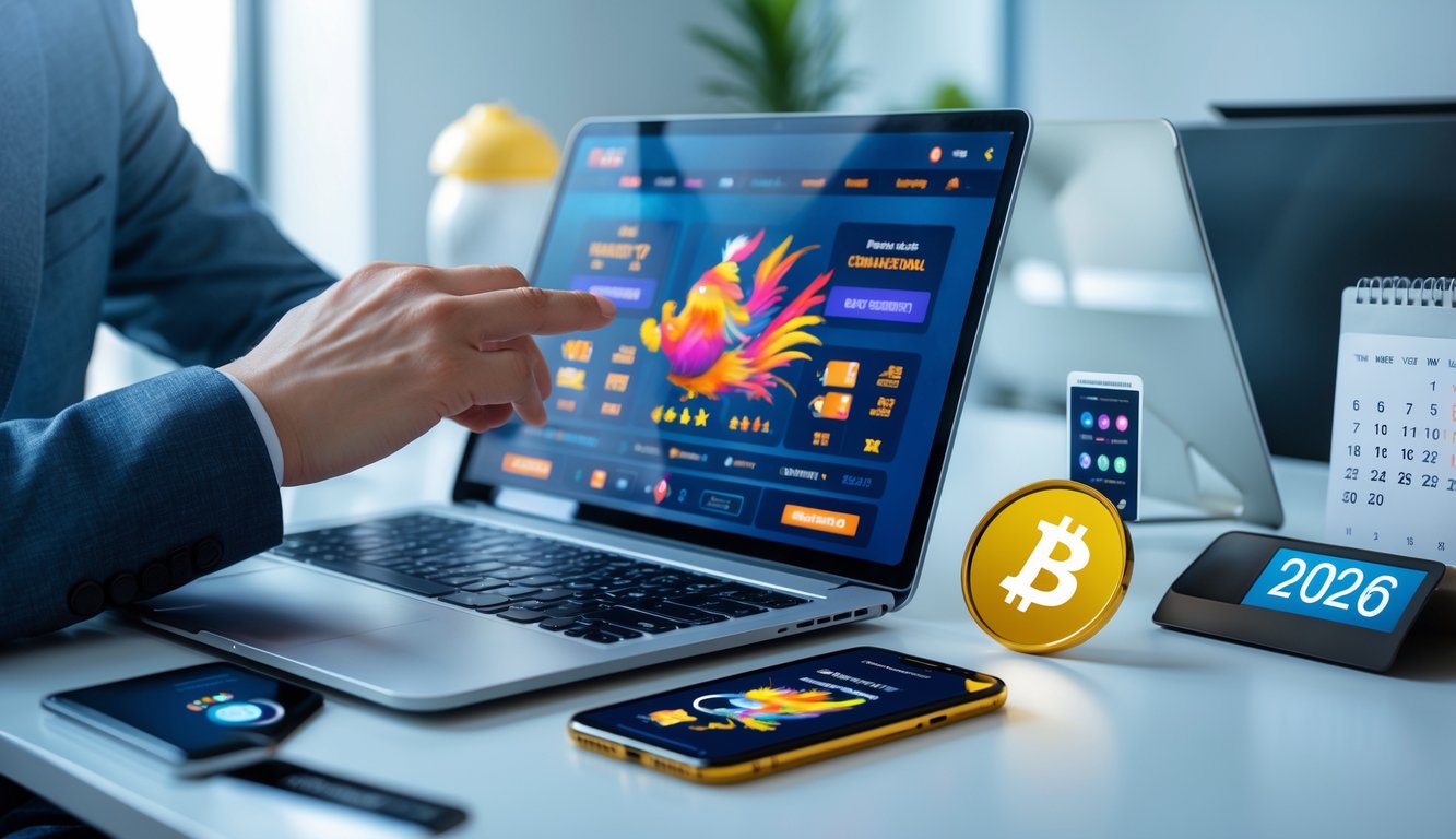 Meja kerja modern dengan laptop yang menampilkan platform taruhan sabung ayam online, tangan seseorang sedang menggunakan laptop, dan ponsel dengan aplikasi perbankan di sampingnya.