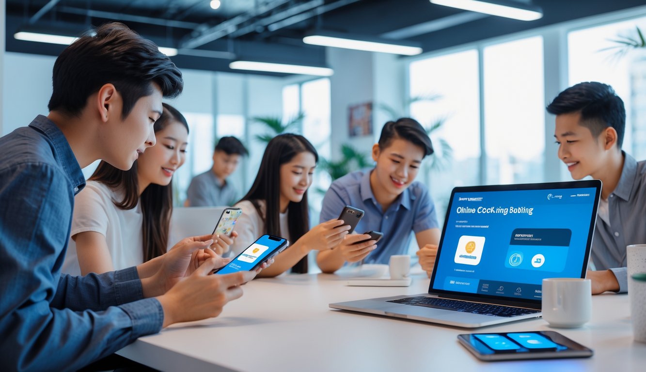 Beberapa orang muda menggunakan ponsel dan laptop untuk melakukan transaksi pembayaran digital dengan metode bank lokal dan e-wallet.