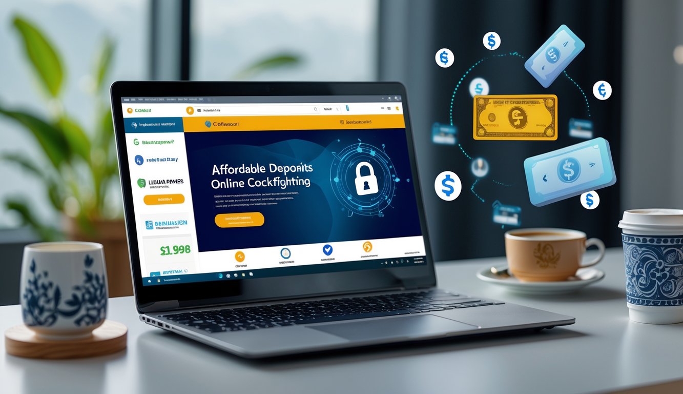 Seorang pengguna sedang melakukan transaksi keuangan online dengan laptop yang menampilkan ikon bank lokal dan e-wallet di meja kerja yang rapi.