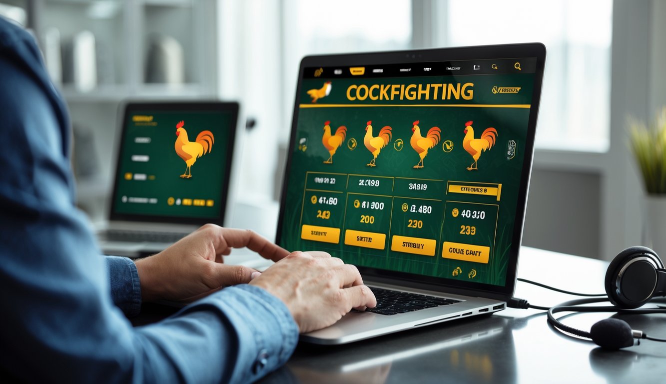 Seseorang menggunakan laptop atau ponsel dengan tampilan situs taruhan ayam sabung di latar yang bersih dan terang.