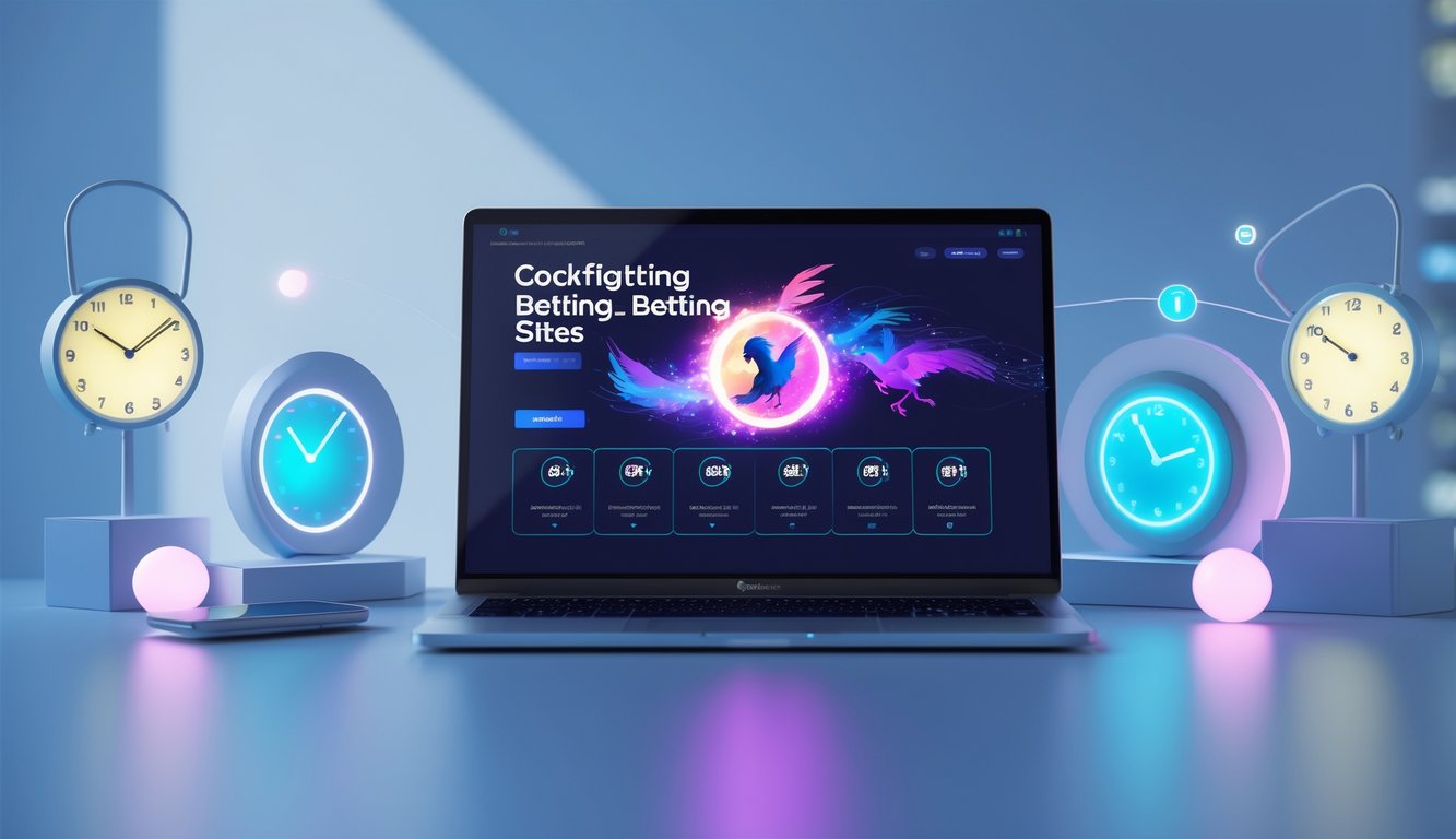 Seorang pengguna di depan laptop dengan tampilan situs taruhan sabung ayam, di ruang kerja modern dengan elemen yang menunjukkan layanan 24 jam.