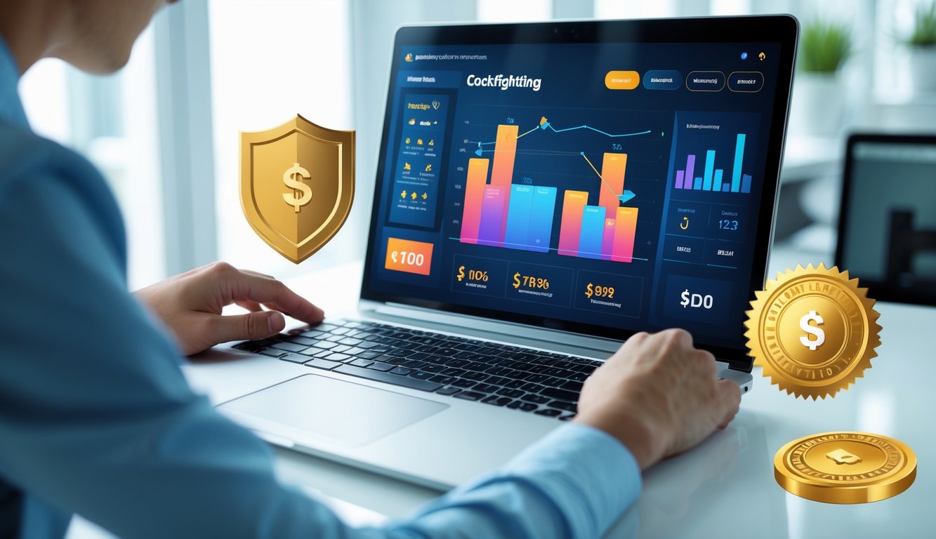 Seorang pengguna sedang menggunakan laptop dengan tampilan antarmuka platform taruhan online di meja kerja yang rapi.