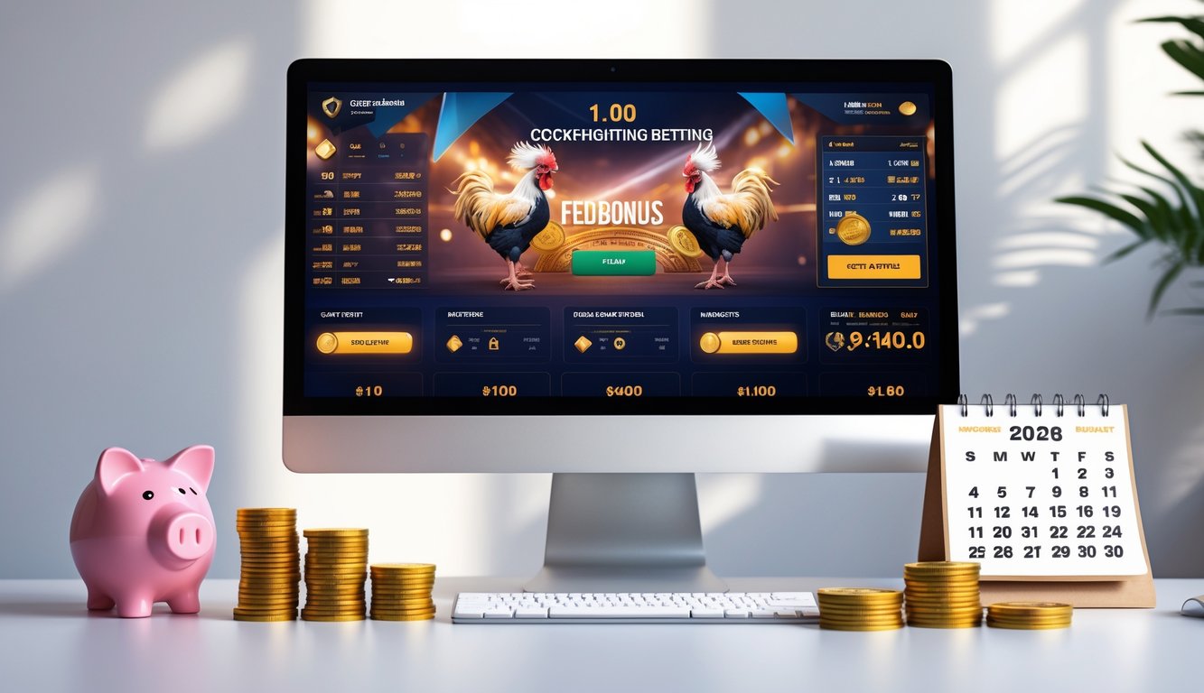 Seorang pria duduk di depan komputer dengan layar menampilkan situs taruhan sabung ayam, di meja terdapat tumpukan koin dan kalender tahun 2026.