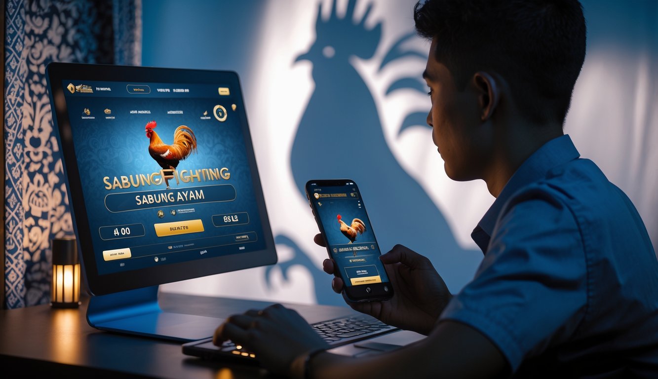 Seorang pemula menggunakan ponsel untuk bermain sabung ayam online dengan latar belakang motif budaya Indonesia yang halus.