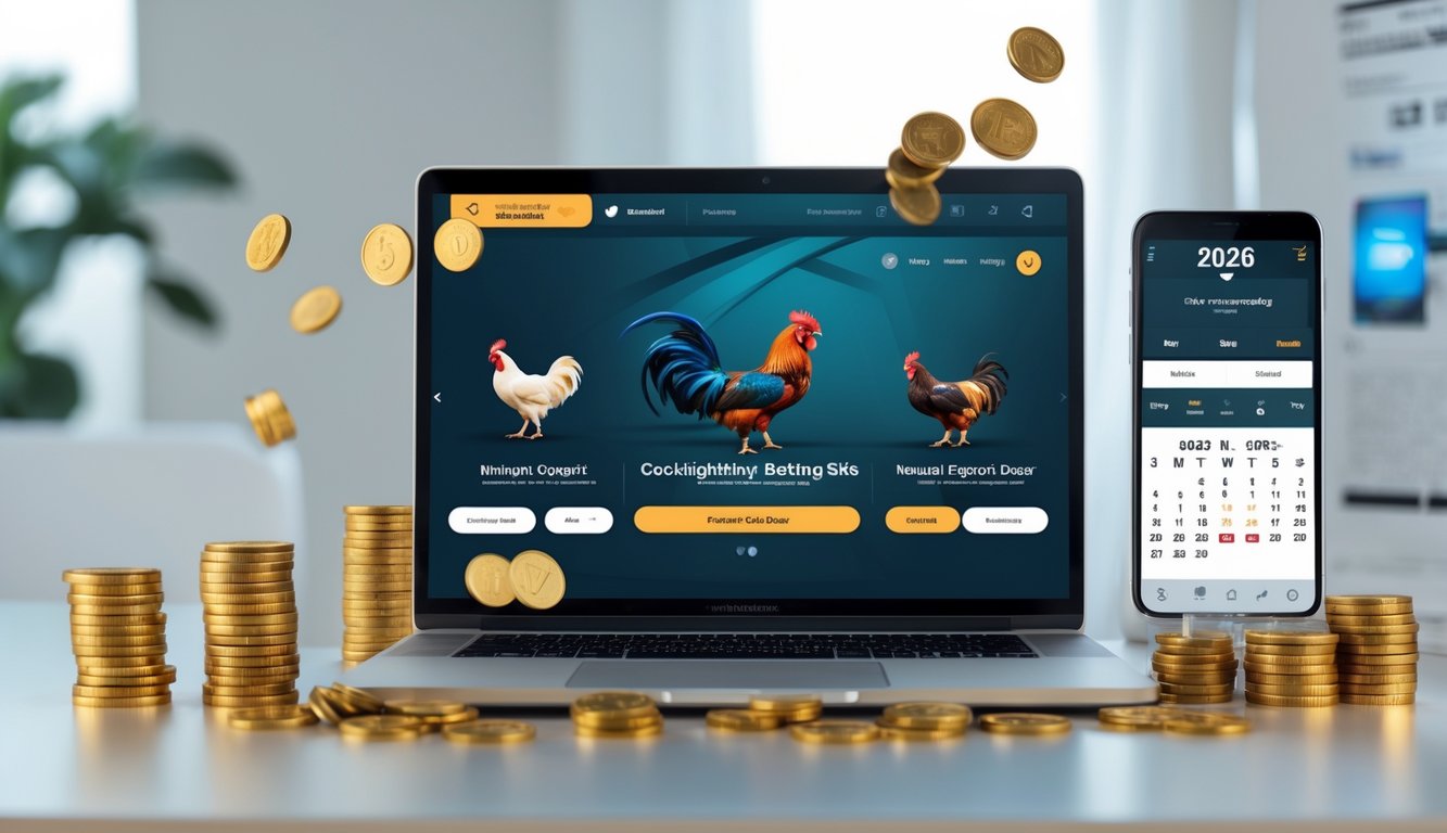 Seorang pengguna duduk di depan laptop yang menampilkan situs sabung ayam dengan opsi deposit kecil, di meja terdapat tumpukan koin dan ponsel dengan aplikasi taruhan terbuka.