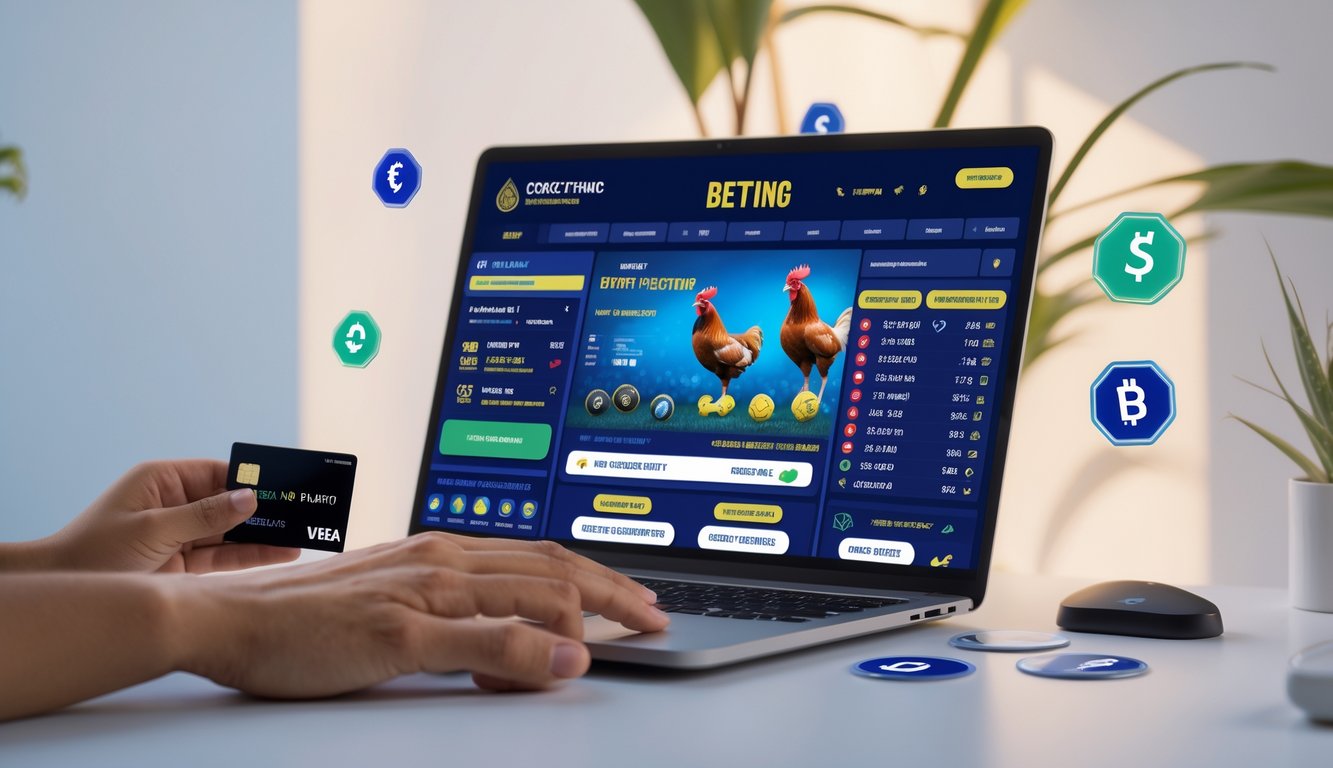 Seorang pengguna sedang melihat situs taruhan sabung ayam di laptop dengan suasana yang bersih dan profesional.