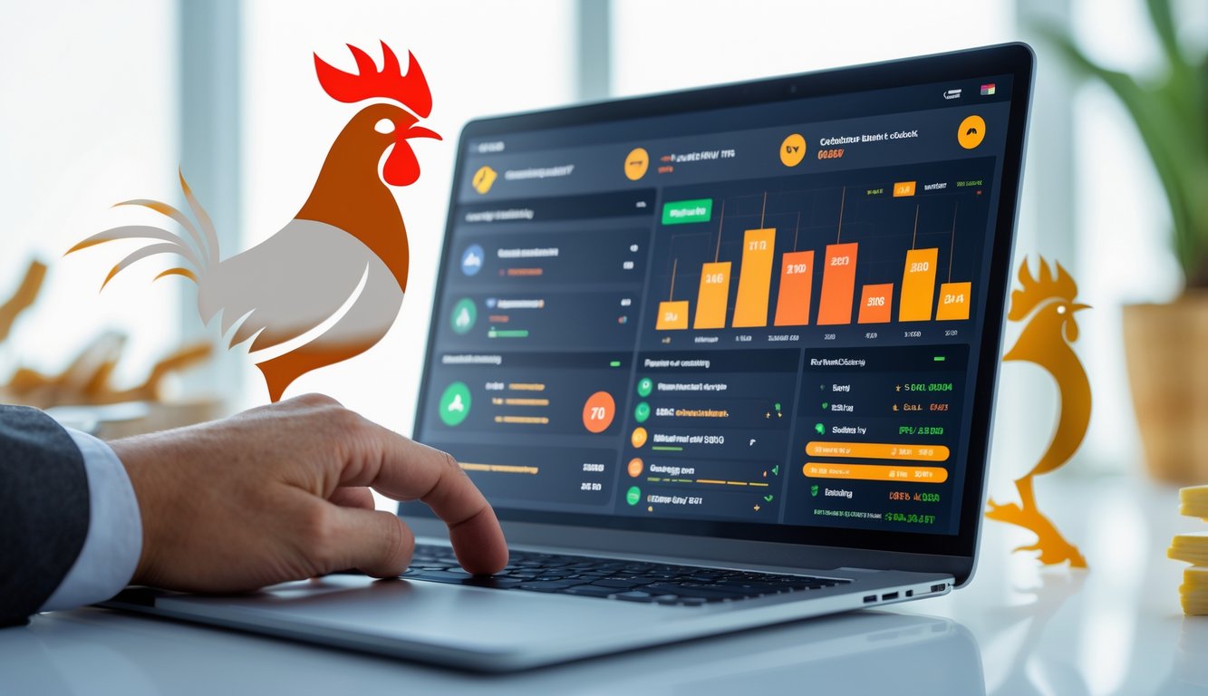 Sebuah laptop atau ponsel pintar menampilkan platform taruhan online dengan grafik dan ikon ayam jago, di latar belakang bersih dan terang.