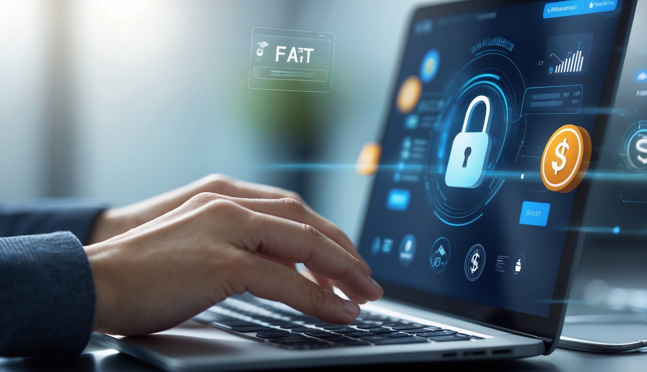 Tangan seseorang menggunakan ponsel atau laptop untuk melakukan transaksi online dengan latar belakang yang tenang dan profesional.