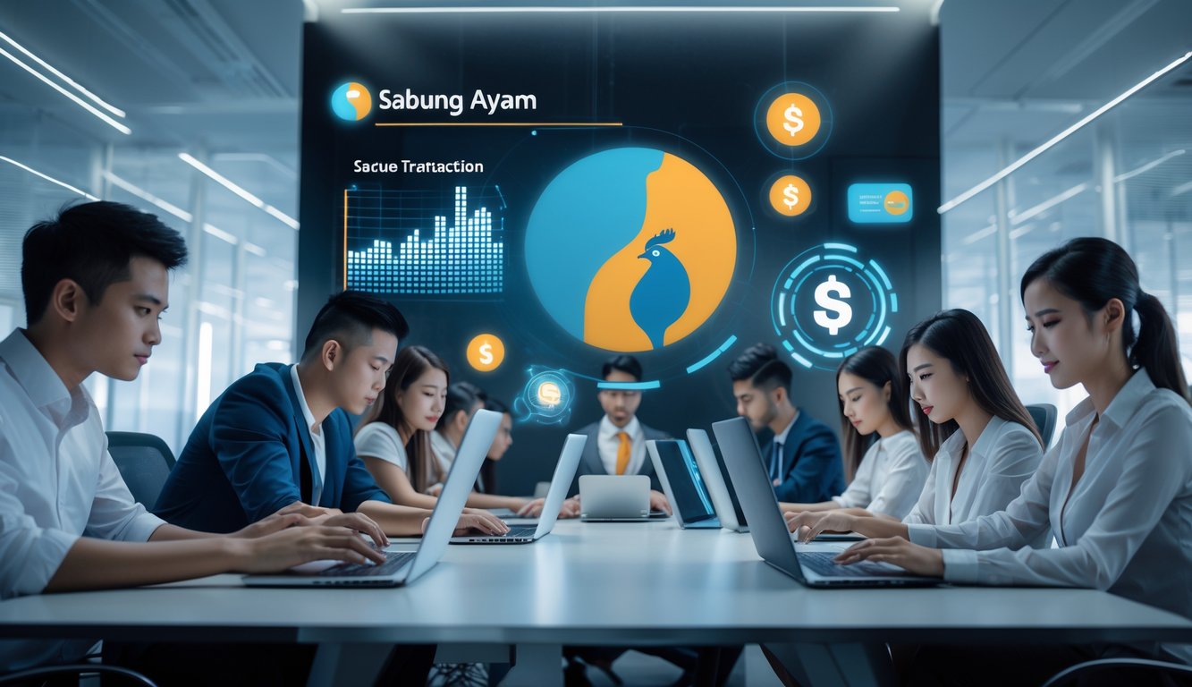 Sekelompok orang muda menggunakan laptop dan ponsel di kantor modern dengan simbol transaksi digital dan ayam jago sebagai tema utama.