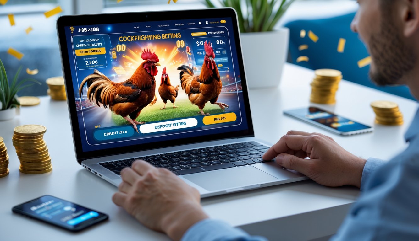 Seorang pengguna sedang melihat situs taruhan sabung ayam online di laptop dengan ponsel dan kartu kredit di dekatnya.