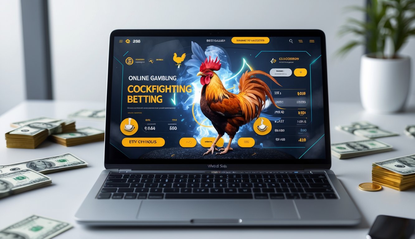 Seseorang menggunakan laptop atau ponsel untuk memasang taruhan sabung ayam online dengan latar belakang ruang kerja yang rapi.