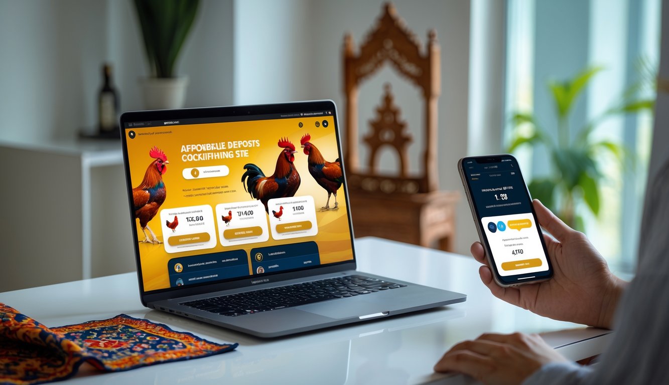 Seorang pengguna memegang ponsel di depan laptop yang menampilkan situs taruhan sabung ayam dengan suasana kantor rumah yang rapi.