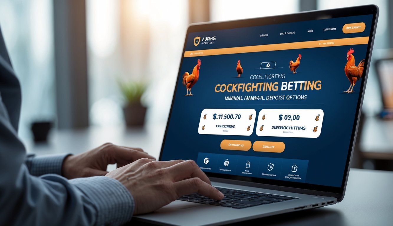 Seseorang menggunakan laptop di ruang kerja modern dengan tampilan situs taruhan sabung ayam yang menampilkan ikon ayam jago dan simbol keamanan.