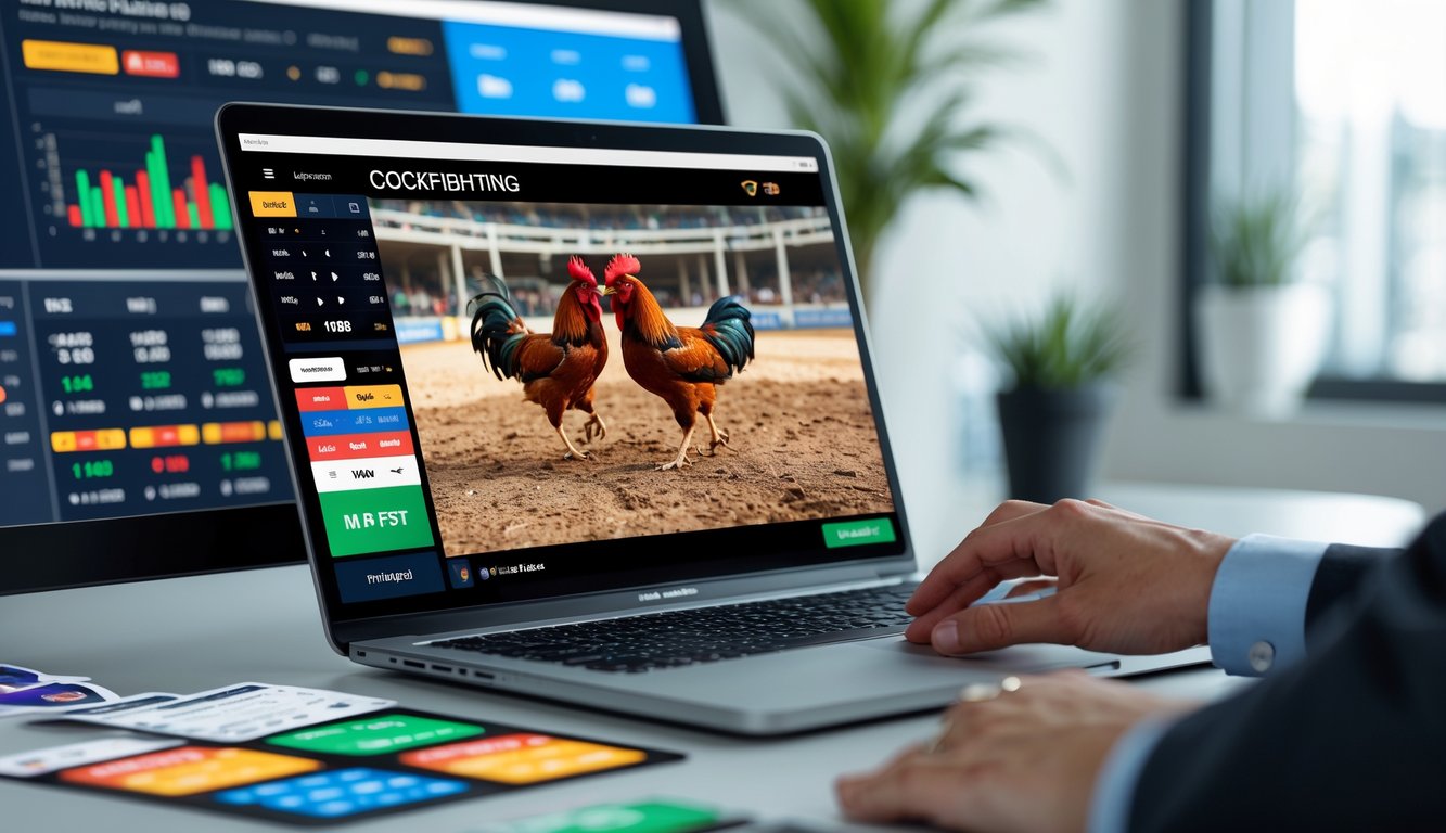 Seseorang menggunakan komputer dengan siaran langsung pertarungan ayam jago dan tampilan pasar taruhan lengkap di layar.