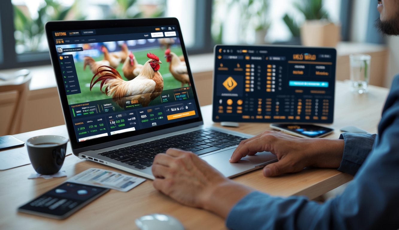 Seorang pria menggunakan komputer dengan layar menampilkan video pertandingan sabung ayam secara langsung di lingkungan kerja yang modern dan terang.
