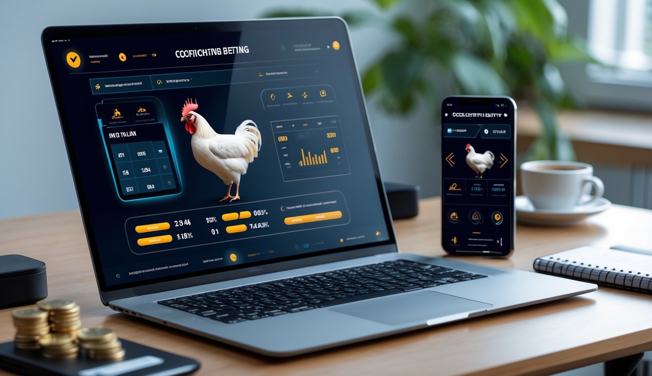 Seseorang menggunakan laptop dan ponsel di meja kerja dengan tampilan antarmuka taruhan online ayam sabung, dikelilingi ikon mata uang digital dan suasana yang modern.