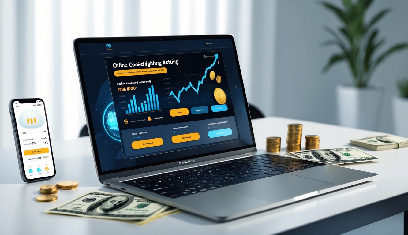 Meja kerja modern dengan laptop dan ponsel yang menampilkan aktivitas taruhan online dan transaksi keuangan.