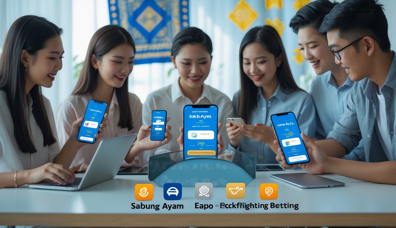 Beberapa orang muda menggunakan ponsel dan laptop untuk melakukan transaksi keuangan online di ruangan modern dengan elemen budaya Indonesia.