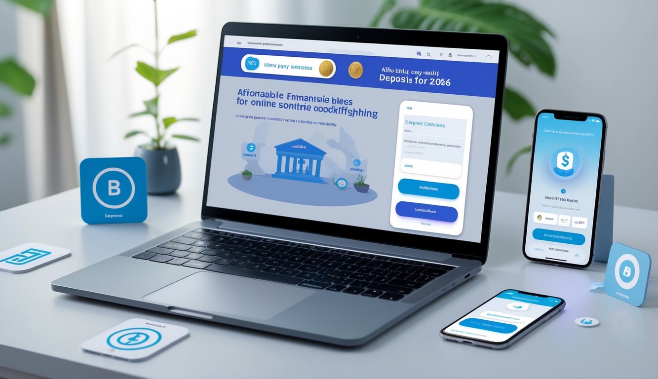 Seseorang menggunakan laptop dan ponsel untuk melakukan transaksi deposit online dengan simbol bank lokal dan dompet digital di meja kerja.