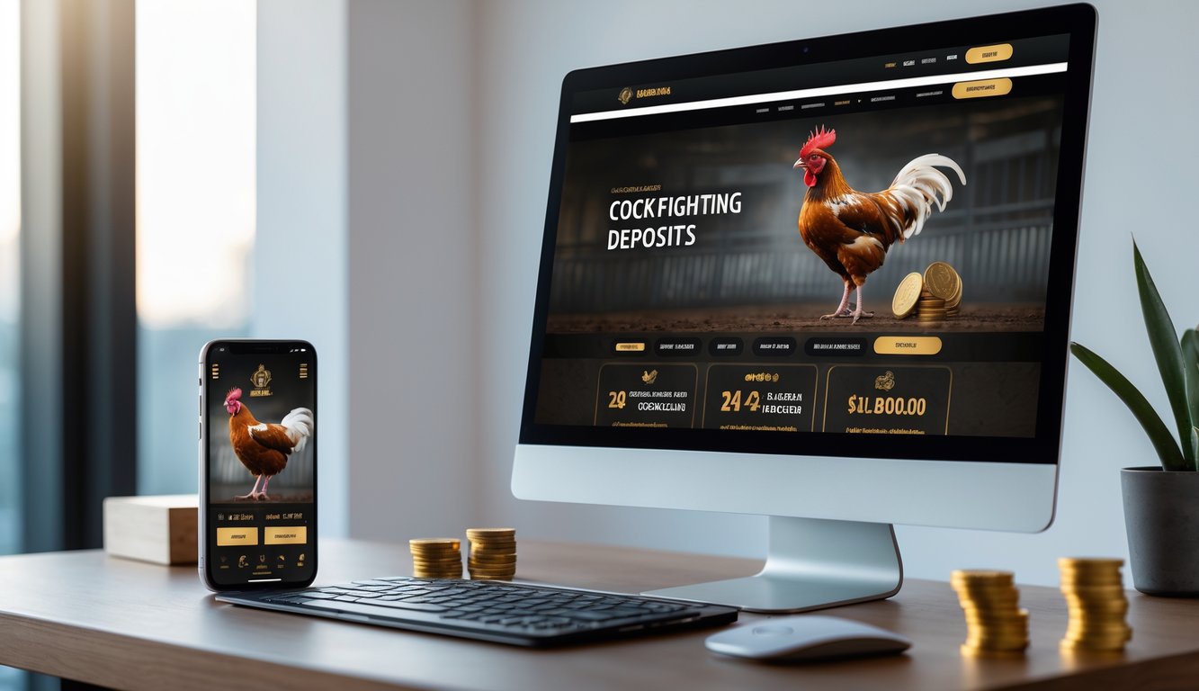 Seorang pengguna duduk di depan komputer dengan layar yang menampilkan situs taruhan sabung ayam, dikelilingi oleh ponsel dan jam yang menunjukkan layanan 24 jam.