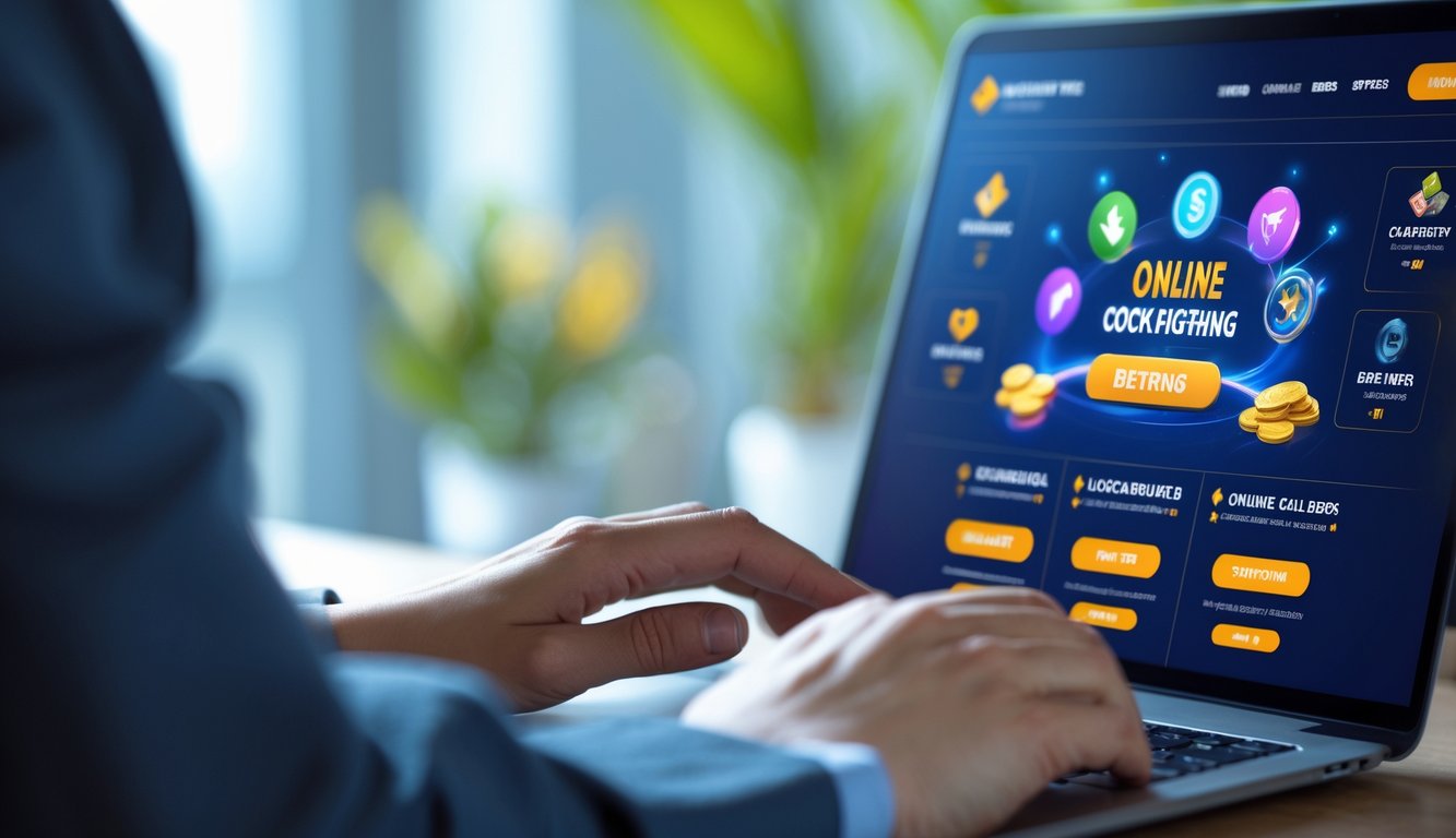 Seseorang menggunakan laptop atau ponsel dengan tampilan antarmuka aplikasi taruhan sabung ayam online yang berwarna-warni dan menarik.