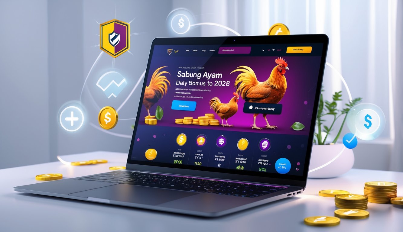 Sebuah laptop menampilkan situs web taruhan sabung ayam dengan ikon keamanan dan simbol bonus di sekitarnya.