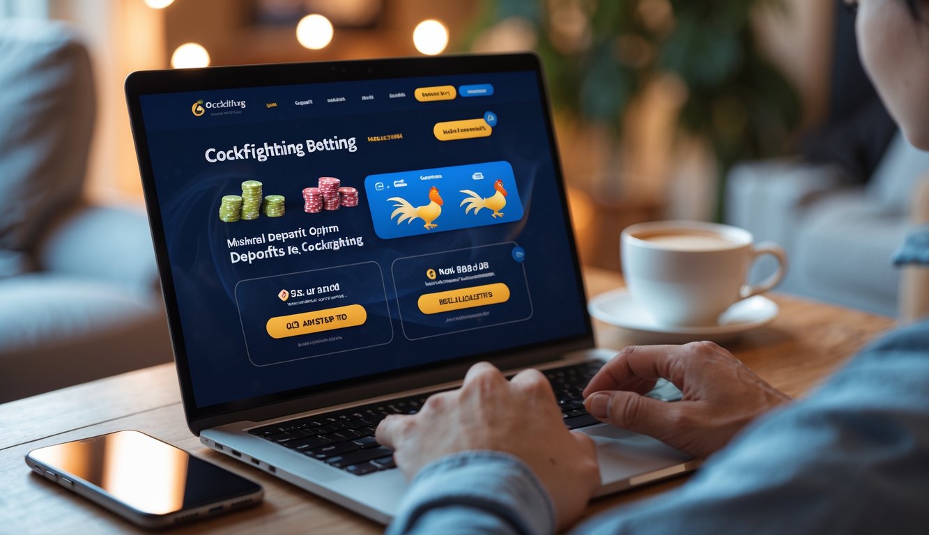 Seseorang menggunakan laptop di meja dengan tampilan situs taruhan sabung ayam yang ramah pemula.