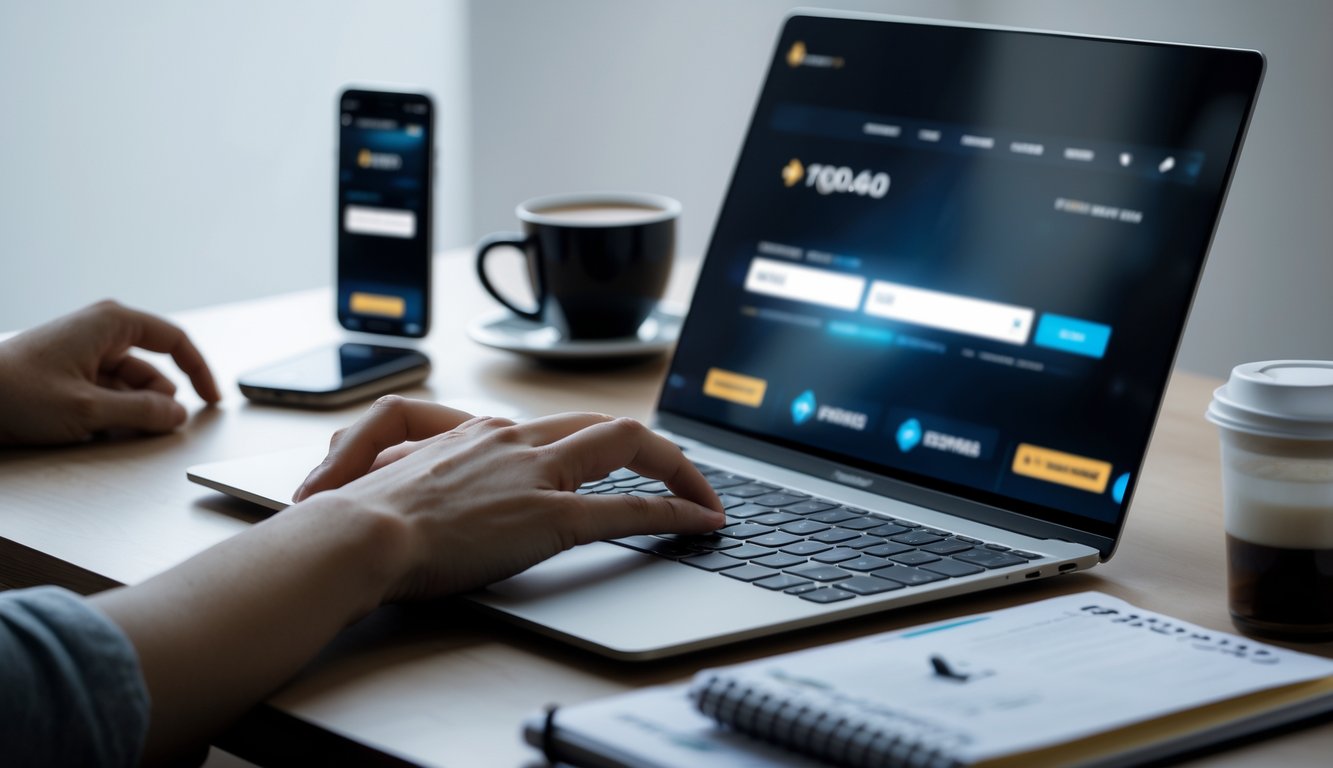 Seorang pengguna di depan laptop dengan tangan di keyboard, dikelilingi smartphone dan cangkir kopi di meja kerja.