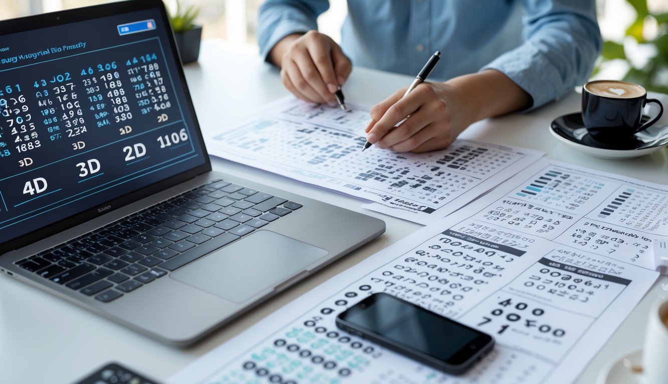 Seorang pria sedang menganalisis data angka togel di meja kerja dengan laptop dan dokumen di sekitar.