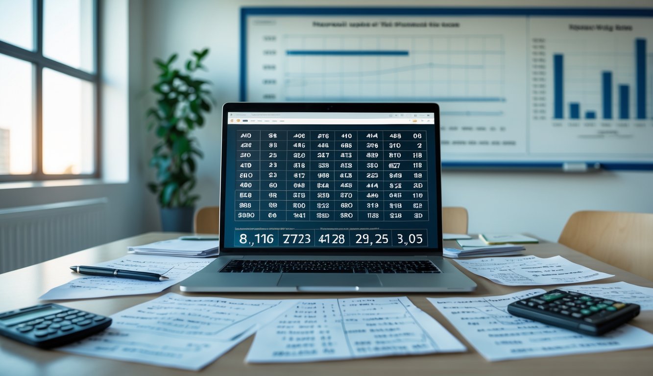 Meja kerja modern dengan laptop, kertas catatan, kalkulator, dan papan tulis berisi grafik dan diagram analisis angka togel.