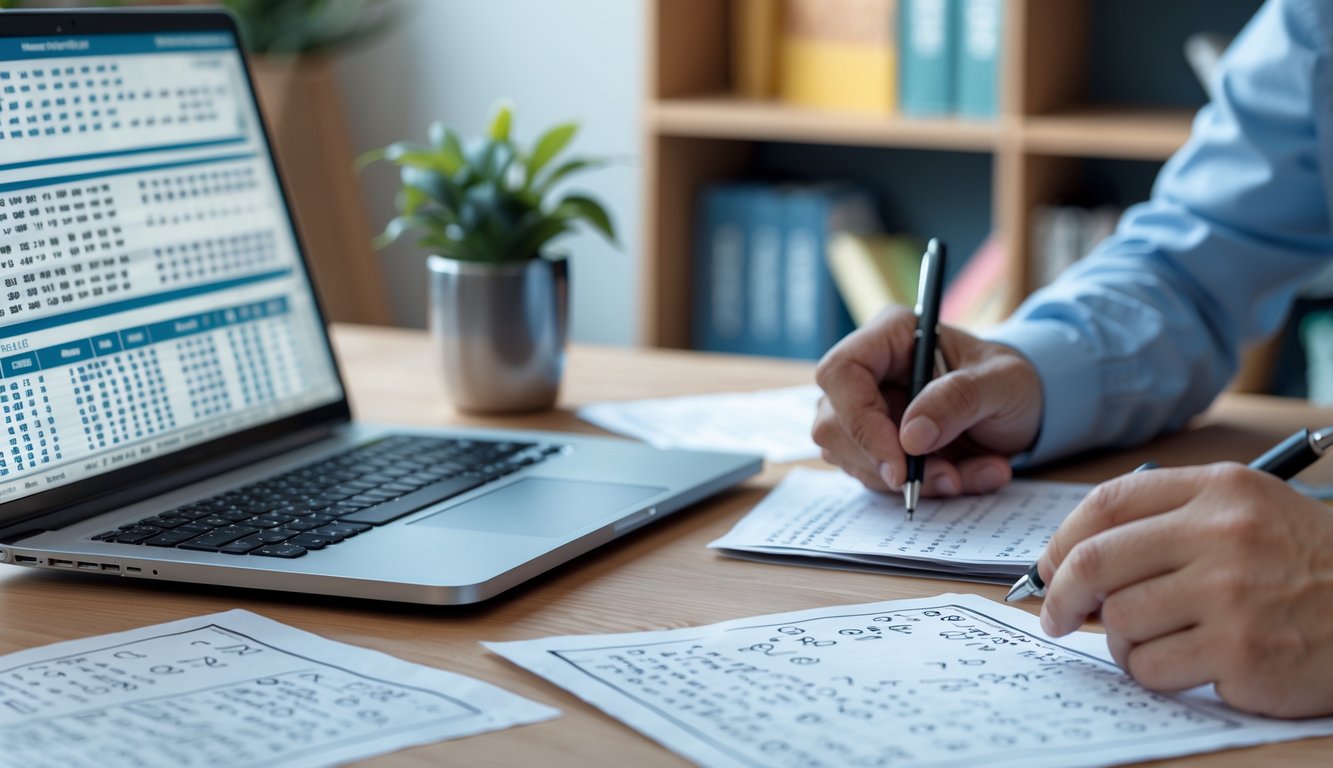 Meja kerja dengan laptop, kalkulator, dan kertas berisi angka dan rumus, seseorang sedang menulis dengan pena.