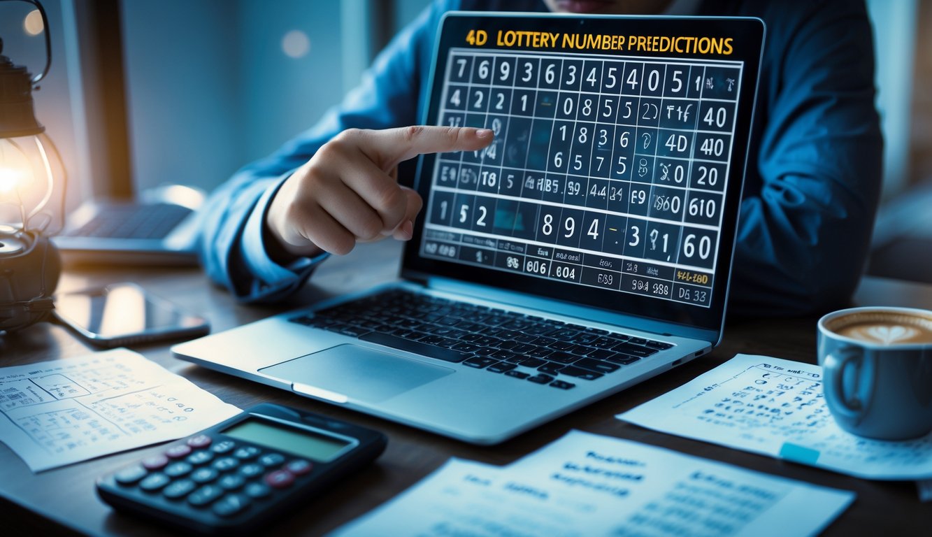 Seseorang sedang fokus menganalisis prediksi angka togel dengan laptop, kertas catatan, dan kalkulator di meja kerja.