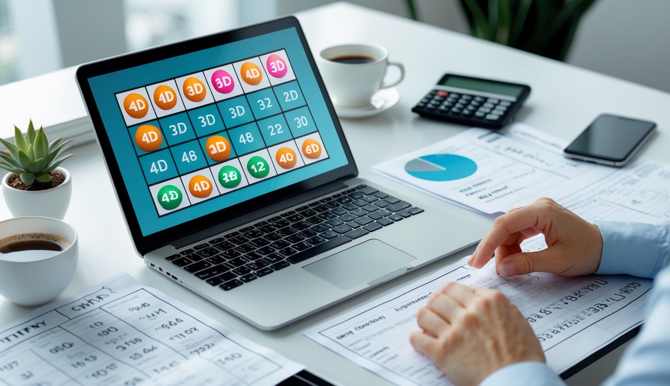 Seseorang sedang menganalisis angka togel dengan laptop dan catatan di meja kerja yang rapi.
