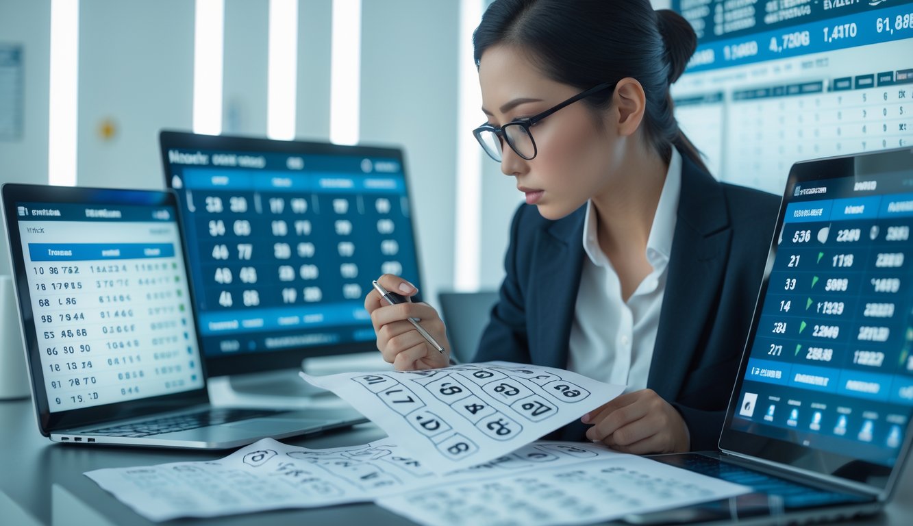 Seseorang sedang fokus menganalisis data prediksi angka togel 4D, 3D, dan 2D di depan beberapa layar digital dan perangkat teknologi di ruang kantor modern.