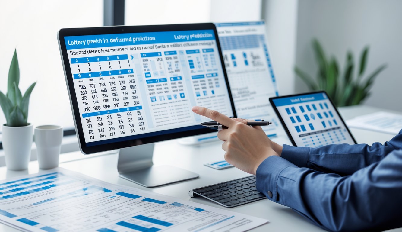 Seorang profesional sedang menganalisis data angka togel terbaru di meja kerja dengan perangkat digital dan kertas berisi tabel angka.