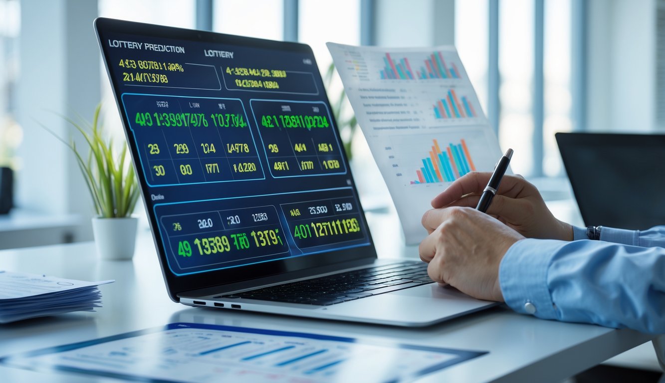 Seorang individu sedang menganalisis data angka togel di sebuah meja kerja dengan perangkat digital dan kertas statistik di ruangan kantor yang terang.