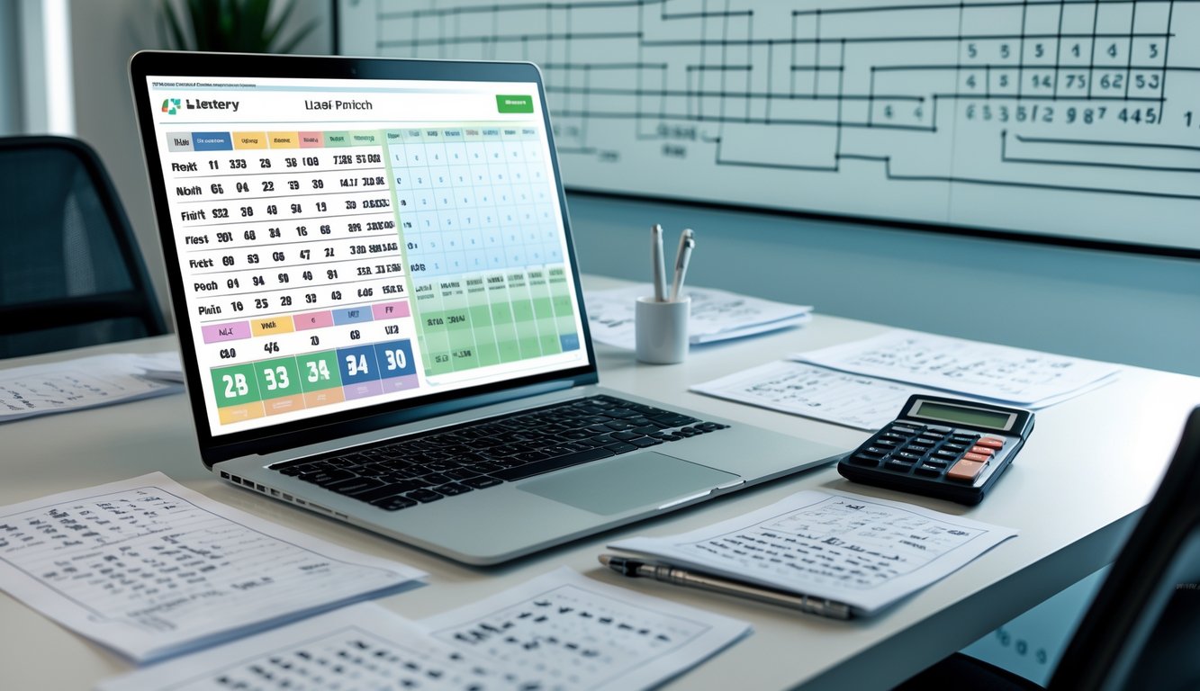Meja kerja dengan laptop, kertas berisi angka, kalkulator, dan papan tulis dengan pola angka di latar belakang.