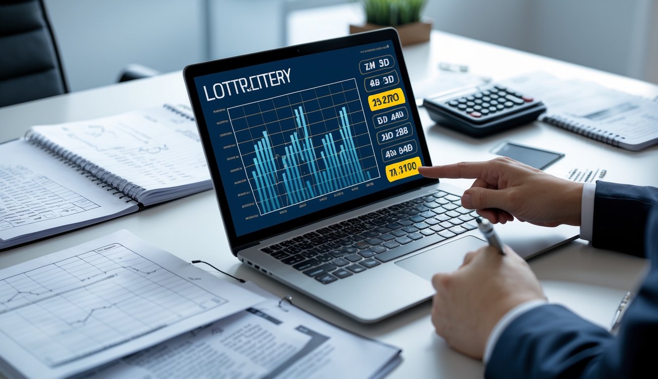 Meja kerja dengan laptop, catatan, dan kalkulator yang digunakan untuk menganalisis angka togel 4D, 3D, dan 2D.