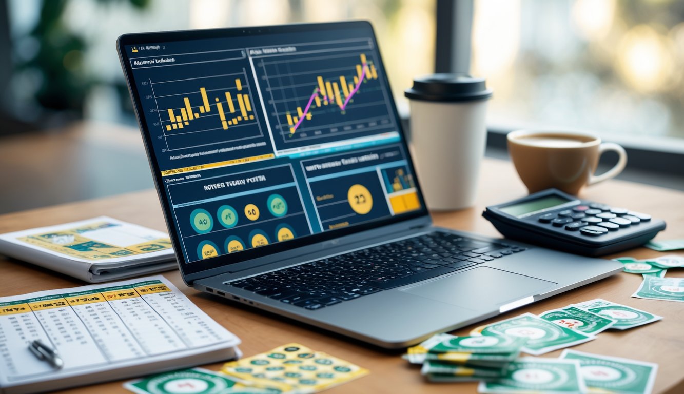 Meja kerja dengan laptop yang menampilkan grafik statistik, kalkulator, tiket lotere, dan buku catatan dengan perhitungan angka.