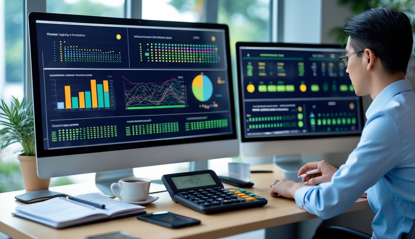 Seorang profesional sedang menganalisis data statistik togel di depan komputer dengan grafik dan angka di layar.
