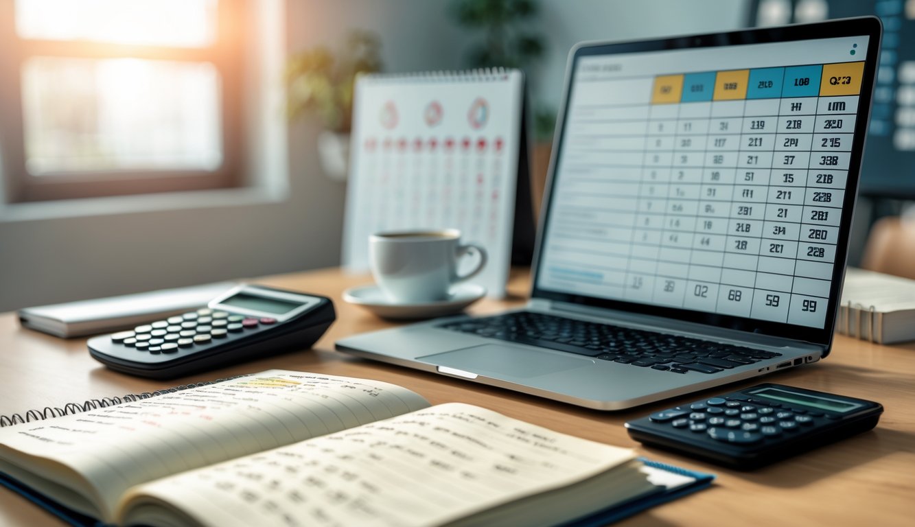 Meja kerja modern dengan laptop, kalkulator, buku catatan, dan kopi, menampilkan suasana analisis angka togel.