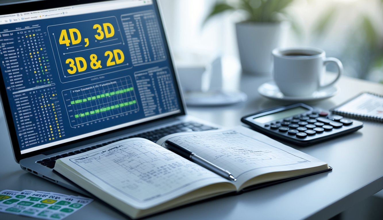 Meja kerja dengan laptop yang menampilkan data angka, buku catatan dengan rumus tulisan tangan, tiket togel, kalkulator, dan secangkir kopi.