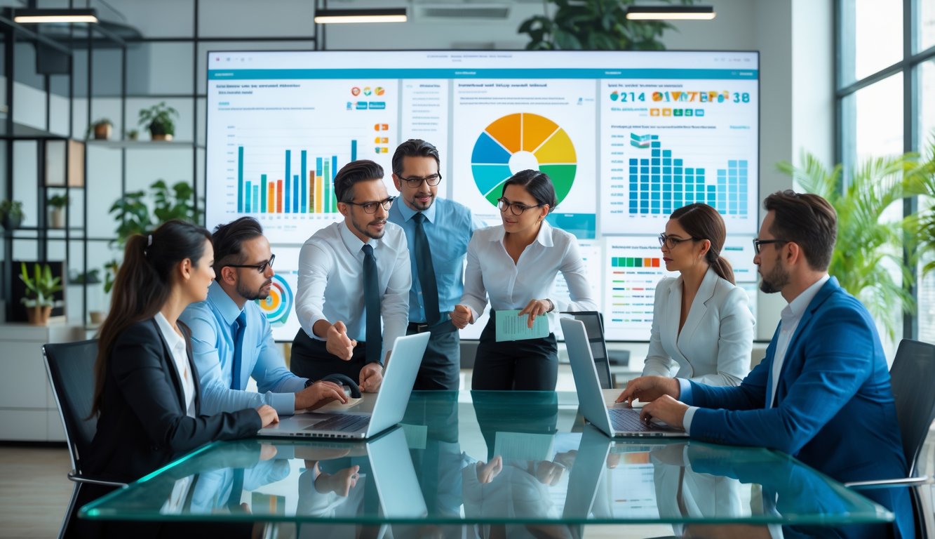 Sekelompok profesional sedang berdiskusi di ruang kantor modern dengan layar komputer menampilkan grafik dan data angka prediksi togel.