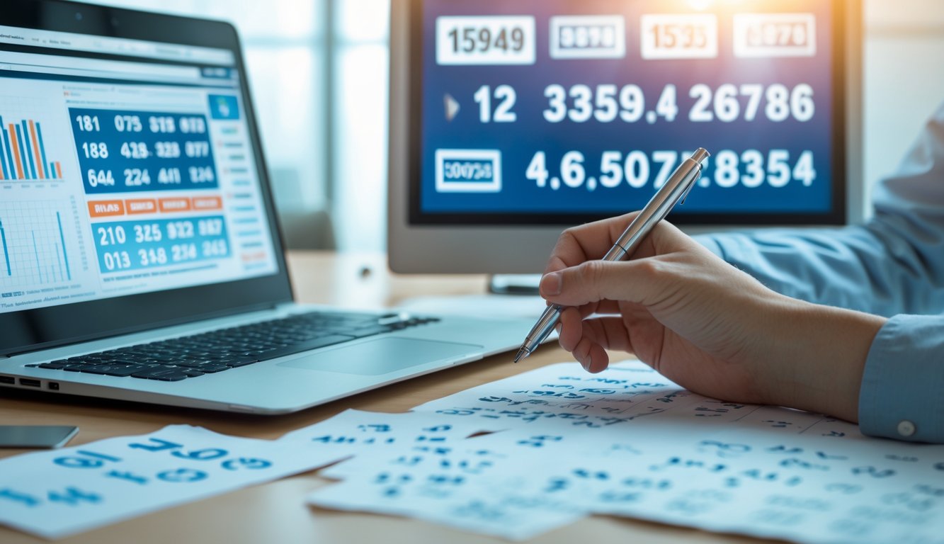 Meja kerja modern dengan laptop dan kertas berisi angka serta tangan yang memegang pena sedang menganalisis data prediksi togel.