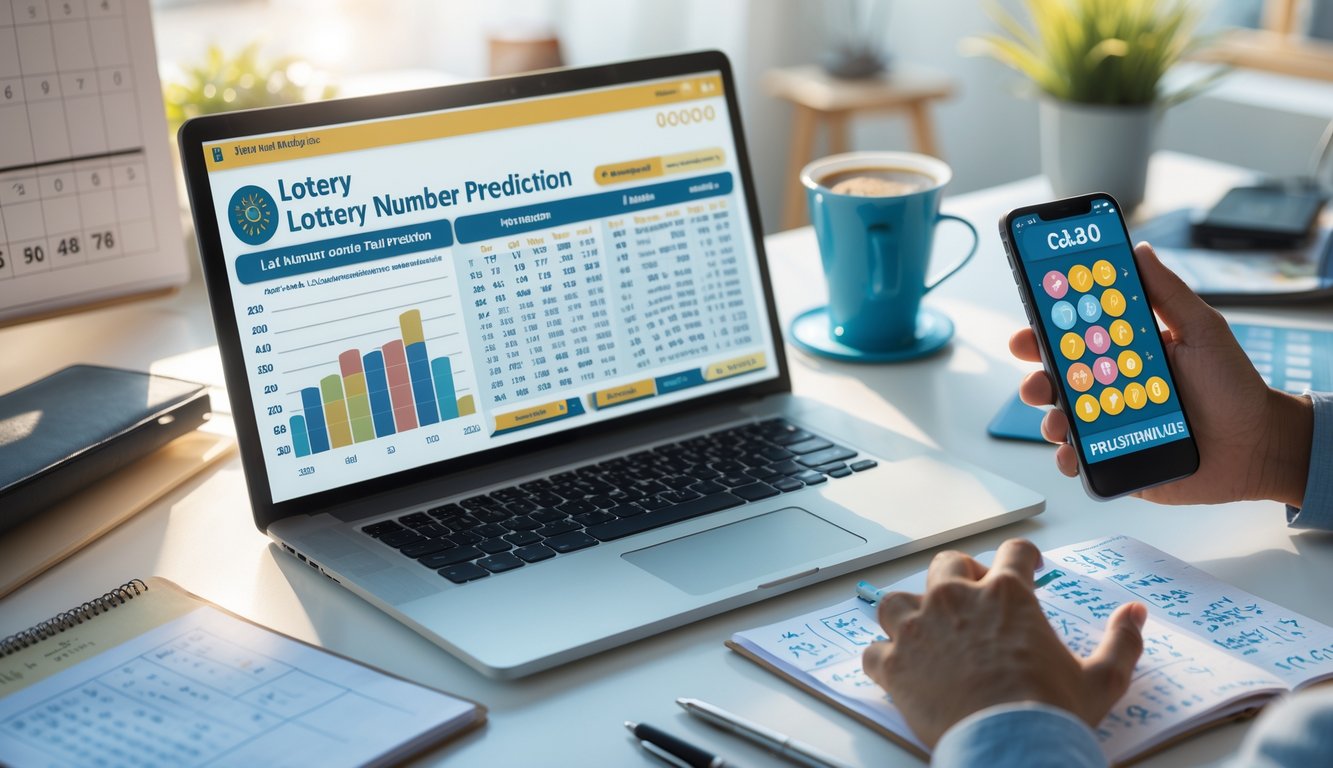 Meja kerja dengan laptop, buku catatan, pena, dan ponsel yang menampilkan aplikasi prediksi angka lotere.