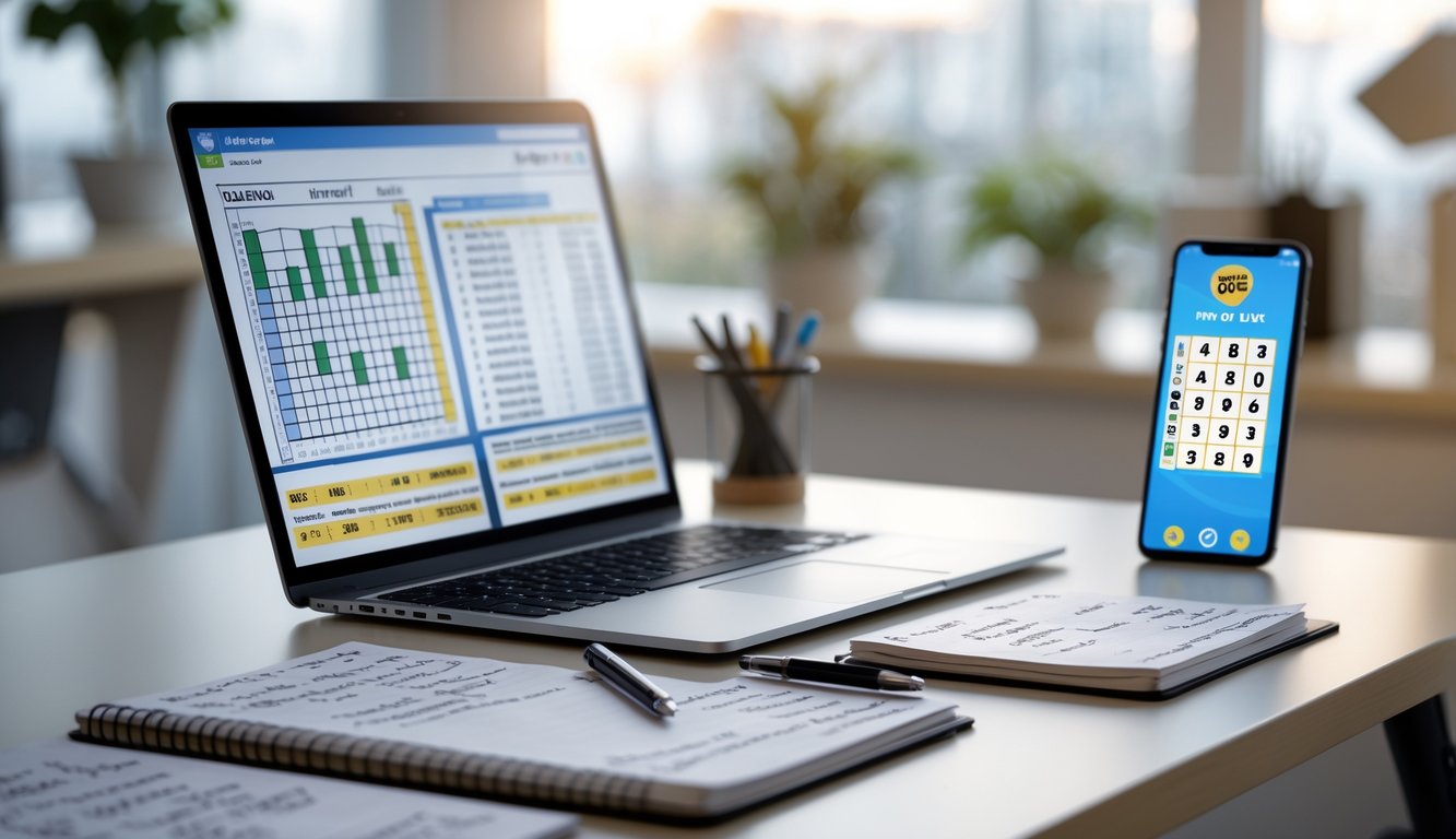 Meja kerja dengan laptop, buku catatan, dan ponsel yang menampilkan aplikasi prediksi togel.