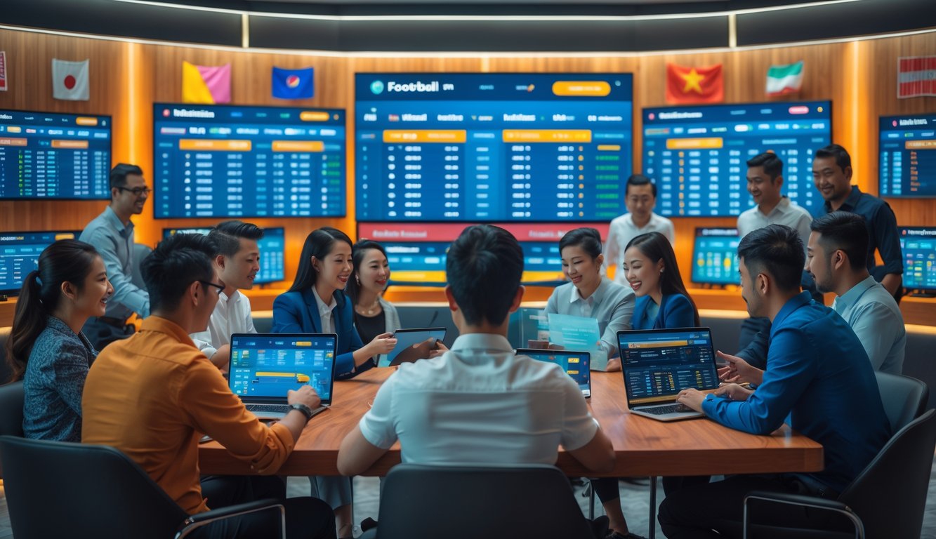 Sekelompok orang sedang melihat pertandingan sepak bola secara online dengan layar besar dan perangkat digital di ruangan modern.